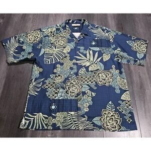 Tommy Bahama Silk Hawaiian Camp Shirt Men L Blue Floral Beach Vacation Relax
